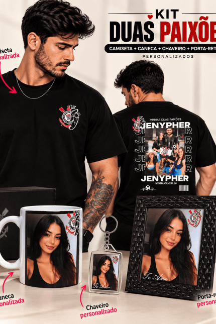 Kit Personalizado com Foto Nome e Time Camiseta, Caneca, Porta Retrato, Chaveiro